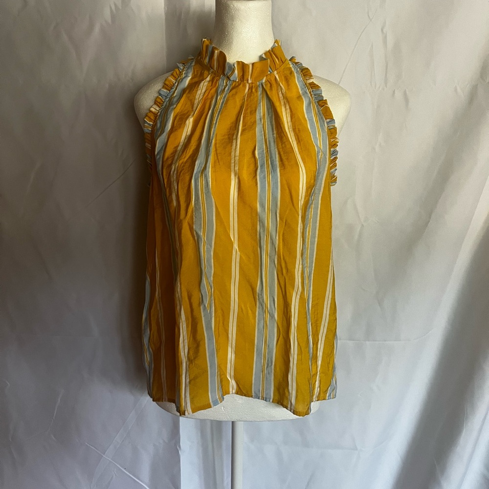 Ann Taylor Yellow and Blue Ruffled Sleeveless Blouse Size Medium